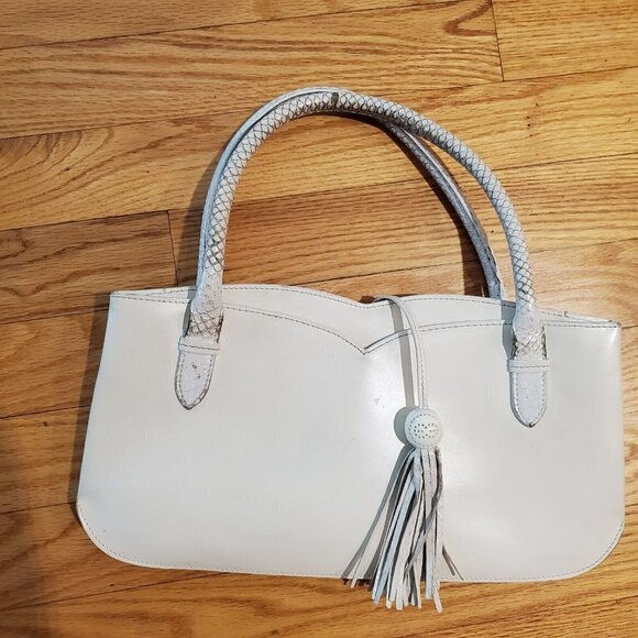 Escada Small Leather Handbag snake Handles Logo Fob with Tassel Ivory Italy - Picture 3 of 11